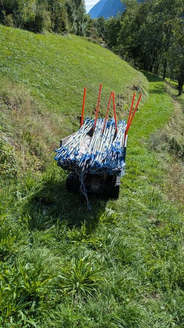 Eine mit Fiberglaspfählen und Weidenetzen gefüllte Motorkarette steht in einer fast übertrieben grünen Wiese.