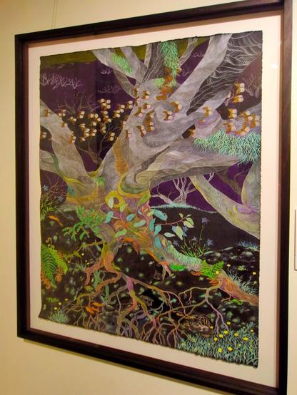 Pauline Dewar, "Forest of Ghosts", depicts white eucalypts in the Kosciuszko Alpine National Park that are no longer able to regenerate following repeated bushfires.