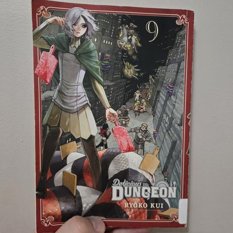 Photograph of a white person's hand holding Delicious in Dungeon, Volume 9 against a light colored wall. The cover is bordered in red and gold with the title in the lower right-hand corner. To the left side of the cover is a light skinned elven character with cutting boards on top of a giant snake. What looks like a subterranean city is behind them with explosions and various characters running toward the camera.