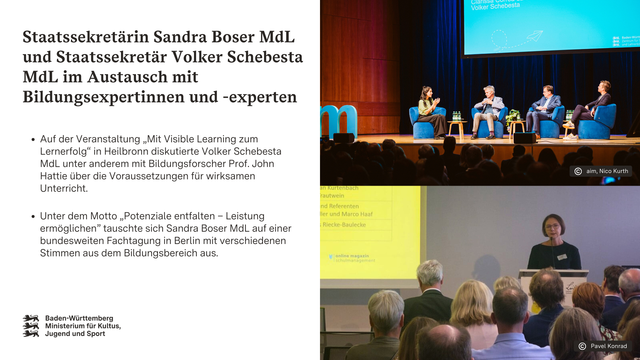 Fotos: 
Staatssekretärin Sandra Boser MdL und Staatssekretär Volker Schebesta MdL sind auf dem Podium zweier Veranstaltungen zu Gast. Zu erkennen ist auch das Publikum und weitere Rednerinnen und Redner der jeweiligen Veranstaltung.

Aufschrift: 
Staatssekretärin Sandra Boser MdL und Staatssekretär Volker Schebesta MdL im Austausch mit Bildungsexpertinnen und -experten
- Auf der Veranstaltung „Mit Visible Learning zum Lernerfolg“ in Heilbronn diskutierte Volker Schebesta MdL unter anderem mit Bildungsforscher Prof. John Hattie über die Voraussetzungen für wirksamen Unterricht. 
- Unter dem Motto „Potenziale entfalten – Leistung ermöglichen” tauschte sich Sandra Boser MdL auf einer bundesweiten Fachtagung in Berlin mit verschiedenen Stimmen aus dem Bildungsbereich aus.