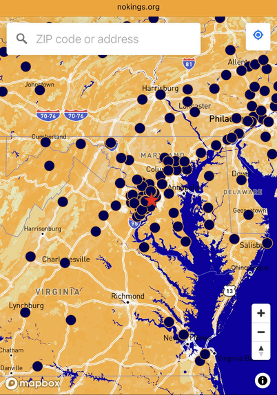 Map showing locations of the “No Kings 2.0” protests to be held in Maryland on Saturday, October 18th, 2025.