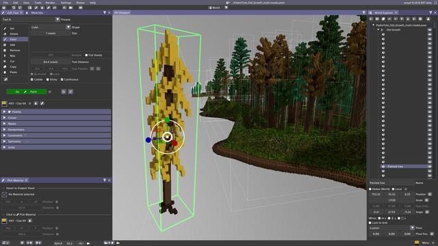 The Avoyd voxel editor in 'World' mode showing a yellow voxel tree model selected (green AABB around it) and transformed (scaled up, position and rotation) as part of a large multi-model forest. 
The gizmo is visible over the selected tree. 
On the right-hand side of the screen the World Editor is open and has focus. In the hierarchy the "Painted tree" model is selected and its properties displayed. In the centre of the toolbar (top, below the file name) you can see the mode selector, currently on 'World' mode. 
The Edit tool is open but doesn't have focus. 
(Credit: Old Growth forest by PotatoVonEpicus.)