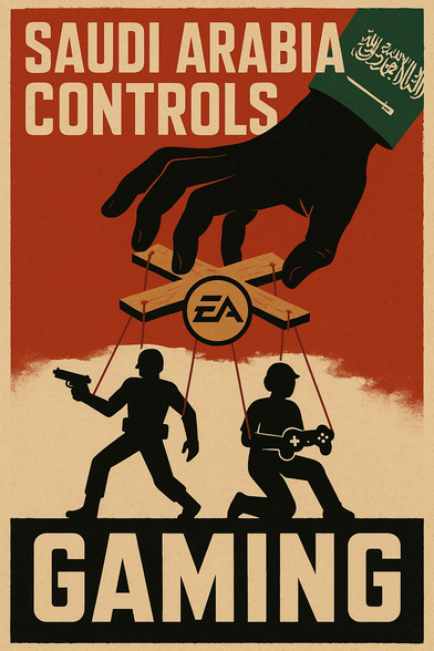 The image is designed like a vintage propaganda poster. At the top, bold text reads: “SAUDI ARABIA CONTROLS GAMING.”

A large black hand, with a green sleeve showing the Saudi flag, reaches down like a puppet master. The hand holds wooden puppet strings tied to the EA (Electronic Arts) logo in the center. From this logo, strings extend downward to control two black silhouettes: one is a soldier holding a gun, the other is a gamer holding a controller.

The colors are stark and bold—mainly red, beige, black, and green—with a distressed texture that makes the whole piece look like an old political poster. The bottom of the poster has the word “GAMING” in giant block letters.

The overall effect suggests manipulation and control, warning that gaming culture is being steered by outside political power.