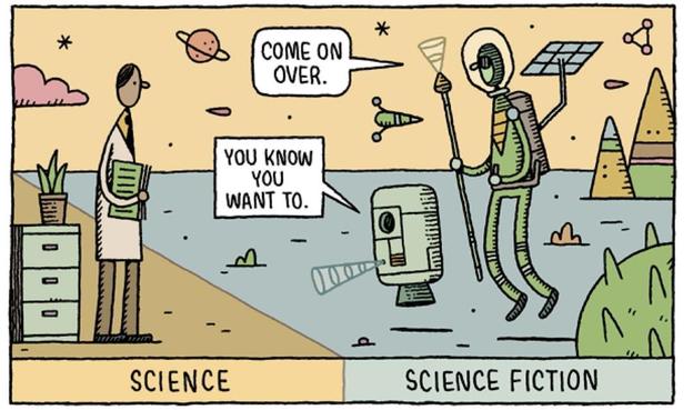 Tom Gauldin piirros, jossa science fiction -puolen hahmot houkuttelevat science-puolen hahmoa: Come on over. You know you want to.
