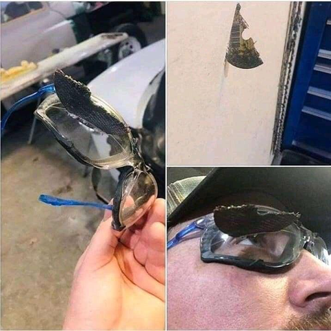 a three image collage of safety glasses with part of an angle grinder disk stuck in it, the other half of it sticking in a wall, and the glasses on the person's face. the person would have lost the right eye if not for the glasses