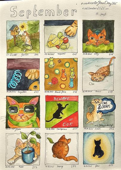 12 kleine Aquarellbilder: 1. Katze vor einem Vogelhaus, 2. Häufchen Tropical Fruits vor einer Katzenpfote,  3. Verrückten Katze mit Propellerhut, 4. Vergessenes Spielzeug unter der Sofkante mit einer Katzenpfote, 5. Brettspiel mit Katzen als Spielfiguren, 6. Rotgetigerte Katze im Schnee, 7. Rotgetigerte Katze mit Sonnenbrille, 8. Warnschild mit Katzensilhouette: Achtung vor Katzen, 9. Rotgetigerte Katze vor einem Schild mit der Aufschrift Cat & clean, 10. Topfpflanze, hinter der sich eine Katze versteckt, 11. Runder Katzenpopo einer orangefarbenen Katze, 12. Schwarze Katzensilhouette,  hinter der ein Licht glüht