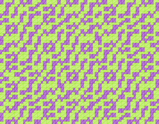 Tessellation of triangles, purple and green. It has motives looking as 0s and 2s.