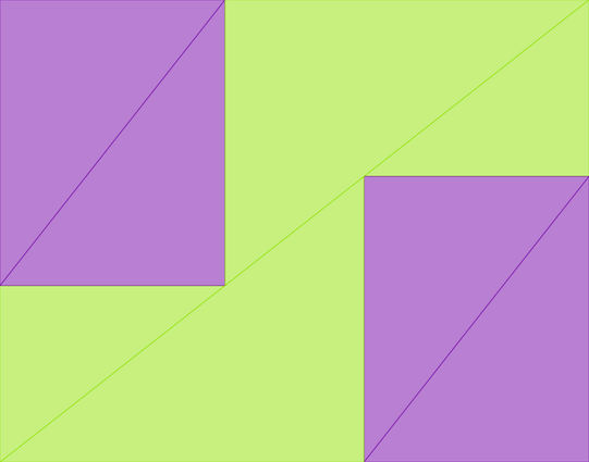The original partition of two triangles, each one into 4, two purple and two green.