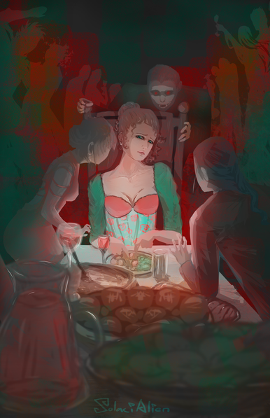 Digital art made by me. A young woman surrounded by food and vampires. It's a feast.