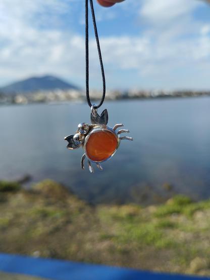 a silver pendant in shape of crab with an orange gemstone. it has a black nylon cord. On background it's a seashore