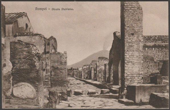 Printed sepia postcard showing a view of the Strada Stabiana at Pompeii in Campania, Italy.

Produced by Brunner & C, Como for the Hotel Suisse, Pompei, No 86-A, c.1910.

Postally unused.

Very good condition, with minimal corner bumps.