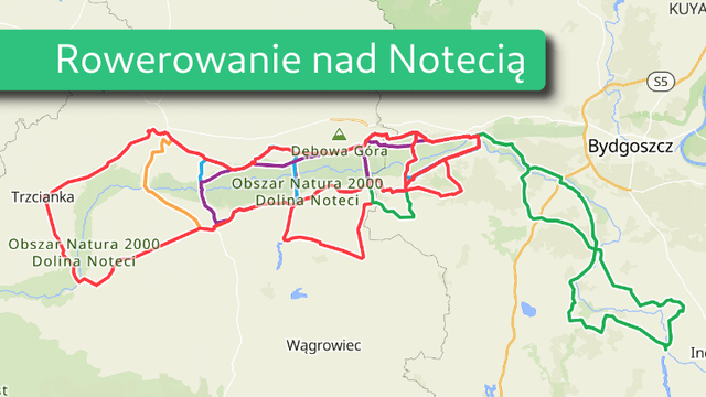 Na mapę z trasami nad Notecią zaznaczonymi kolorowymi liniami został nałożony zielony pasek z białym napisem „Rowerowanie nad Notecią”