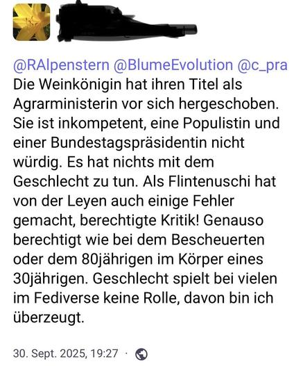 Ein sexistischer Mastodon - Post vom 30. September 2025.