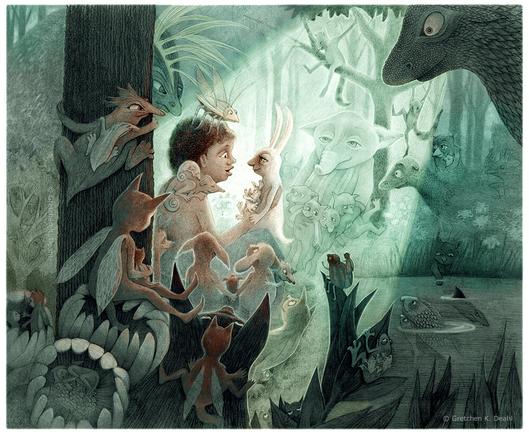 Graphite pencil drawing with washes of green and brown watercolor. A young girl sits with her back against a tree, animatedly telling a story to the white rabbit and its child on her lap. She is surrounded by a myriad of creatures, rapt with attention as she spins her tale.