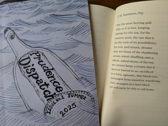The cover of Prudence Dispatch to the left, Issue 1 Summer 2025. To the right is a poem called Pity.