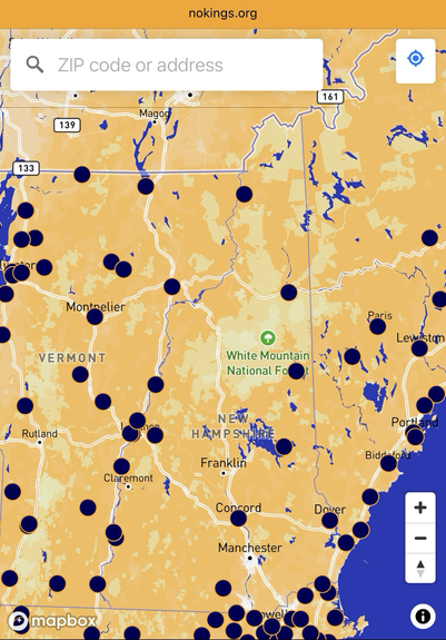 Map showing locations of the “No Kings 2.0” protests to be held in New Hampshire on Saturday, October 18th, 2025.