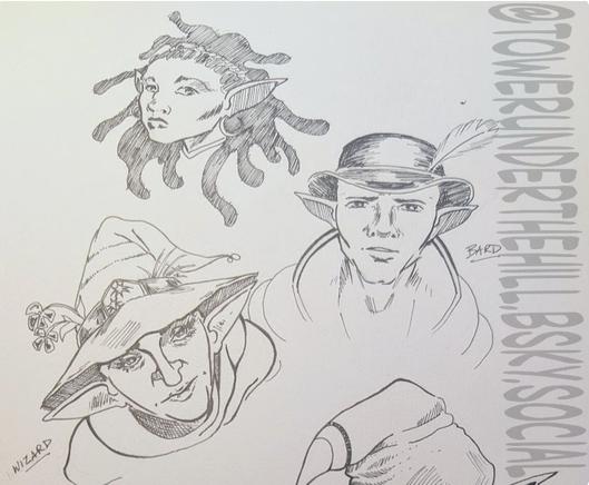 three headshots of gnomes, in clockwise order: 
top: a pensive looking lady gnome with wild black hair and hooped earrings; she wears a simple diadem.
middle-right: a confused-looking mister gnome wearing a bowler hat with a feather and a high-collared jacket; "bard" is written next to his face
middle-left: a skeptical-looking lady gnome, elderly, wearing a witch hat with feathers and grass poking out of its decorative belt buckle. "wizard" is written next to her face.