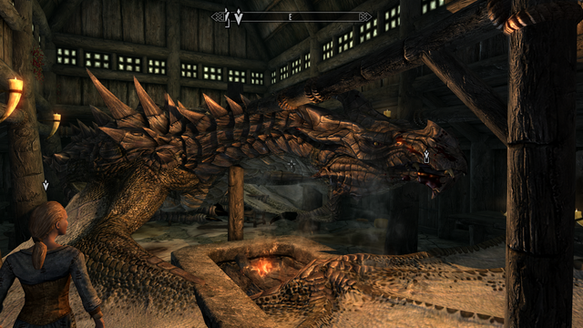 Modded Skyrim screenshot where the player has come to talk to Delphine and learn about the return of the dragons. This is spoiled by the fact that the player is a dragon and is taking up almost the entire floor space of the inn.  Delphine the wannabe dragonslayer is looking at him.

This was made with Play-As-A-Dragon SE