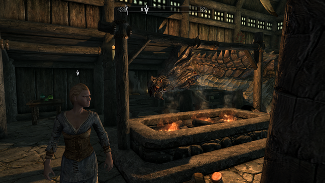 Modded Skyrim screenshot where the player has come to talk to Delphine and learn about the return of the dragons. This is spoiled by the fact that the player is a dragon and is taking up almost the entire floor space of the inn.  Delphine the wannabe dragonslayer is in the foreground but not looking at him, as if she's about to turn and suddenly see what's happened.

This was made with Play-As-A-Dragon SE