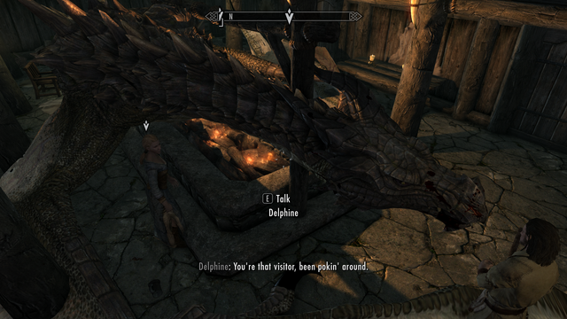 Modded Skyrim screenshot where the player has come to talk to Delphine and learn about the return of the dragons. This is spoiled by the fact that the player is a dragon and is taking up almost the entire floor space of the inn.
Delphine the wannabe dragonslayer is looking at him and saying "You're that visitor, been pokin' around."

This was made with Play-As-A-Dragon SE