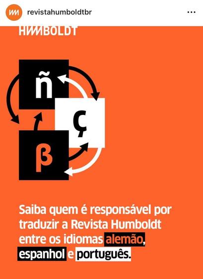ein Buchstabensalat und darunter (auf Portugiesisch sinngemäß): Lerne die Leute kennen, die unsere Zeitschrift Humboldt vom Portugiesischen ins Deutsche und Spanische bringen.
