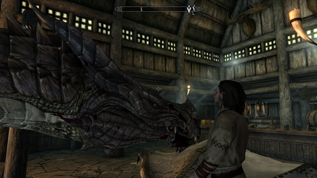 Modded Skyrim screenshot where the player has come to talk to Delphine and learn about the return of the dragons. This is spoiled by the fact that the player is a dragon and is taking up almost the entire floor space of the inn.

Fahdonmul the dragon is staring menacingly at Orgnar the deputy innkeeper

This was made with Play-As-A-Dragon SE