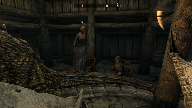 Modded Skyrim screenshot where the player has come to talk to Delphine and learn about the return of the dragons. This is spoiled by the fact that the player is a dragon and is taking up almost the entire floor space of the inn.

Delphine is standing on Fahdonmul's tail, since it was in her way.

This was made with Play-As-A-Dragon SE