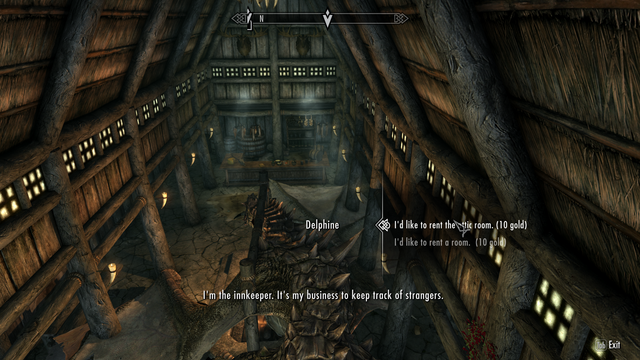 Modded Skyrim screenshot where the player has come to talk to Delphine and learn about the return of the dragons. This is spoiled by the fact that the player is a dragon and is taking up almost the entire floor space of the inn.

Delphine has finally wandered into a position where Fahdonmul can talk to her, and he's asking to rent the attic room.

This was made with Play-As-A-Dragon SE