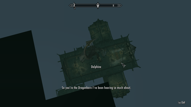 Modded Skyrim screenshot where the player has come to talk to Delphine and learn about the return of the dragons. This is spoiled by the fact that the player is a dragon and is taking up almost the entire floor space of the inn.

Fahdonmul is trying to get to the room he's rented but can't because he's five times larger than the doorway, and trying to walk around has pushed him out of the ceiling, showing a cutaway view of the inn.  Delphine seems to think this is close enough as she's saying that he's the dragonborn and is about to give him the horn of Jurgen Windcaller.

This was made with Play-As-A-Dragon SE