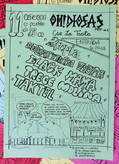 cartel hecho a mano fotocopiado en hojas de colores con la información del oh!diosas fest y una viñeta con 2 ratas hablando en la que dicen -¿por qué cuesta la entrada 6 euros, es muy fuerte! -Porque las vecinas de la Cañada han sufrido incendios este verano, la asociacion trabadol se quemó y varias viviendas