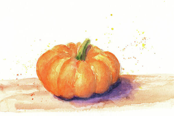 Orange Pumpkin is a watercolor study in landscape format hand-painted by the artist Karen Kaspar.
A small orange pumpkin sits on a wooden surface, its vibrant color accentuated by splashes of watercolor in the background. The simplicity and warmth evoke feelings of autumn.