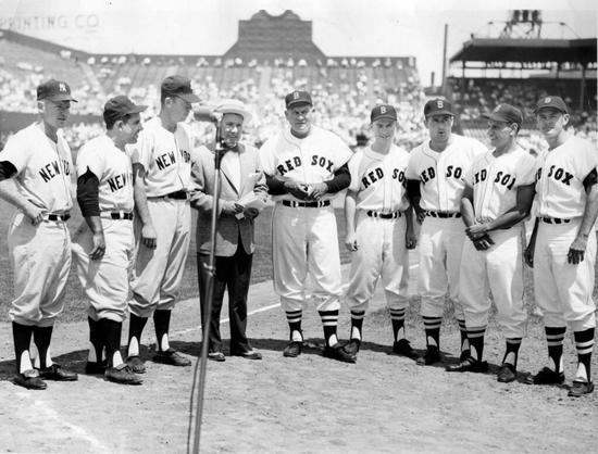 The Boston Red Sox and New York Yankees lined up for a pre-game ceremony on Rhode Island Day at Fenway Park on July 8, 1960. From left, Yankees Whitey Ford, Yogi Berra and Gil McDougald take a gander at Red Sox Pinky Higgins, Paul Needham, Bill Monbouquette, Frank Malzone and Pete Runnels. Sandwiched between the two teams is Waltham Lodge of Elks leader Bill Walsh.