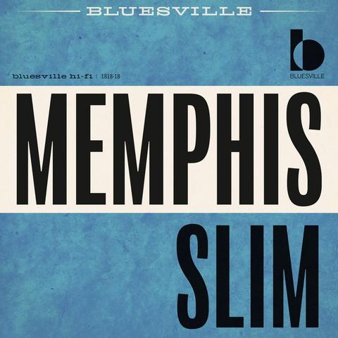 A blue album cover with a white stripes horizontally through the centre, emblazoned with Memphis Slim in san serifed majuscules