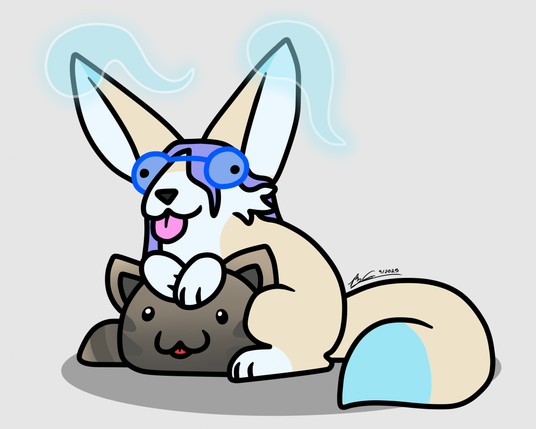 Feral Lloxie sitting and leaning on a catlike slime from Slime Rancher. Their tongue is poking out and they have a derpy, silly expression.