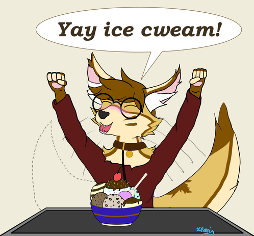MapleBork the fennec swishing his tail and cheering "Yay ice cweam!" after having received a large bowl of ice cream from his roommate, which is sitting on the table in front of him.