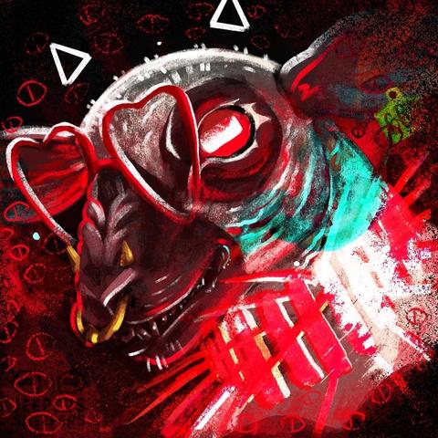 A demonic sheep wearing a spectral anti wolf collar in heart glasses snarls to reveal sharp black canine teeth. They are surrounded by eyes and have glyph like horns above their head. Smoke that seems to invert colors flows from its mouth.