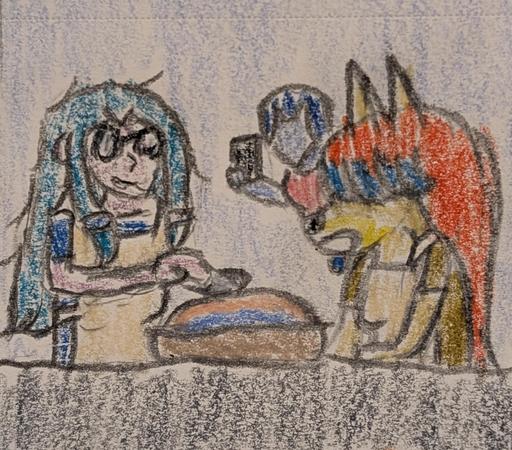 Color pencil drawing of Devi Zeilla, a nonhuman woman OC, decorating a blue fruit pie with pink fruit topping. Tem, an anthro dog woman OC, stares at Devi's pie, drooling. Azusa Riyo, a Pantoran woman from Star Wars, takes a picture of her friends.