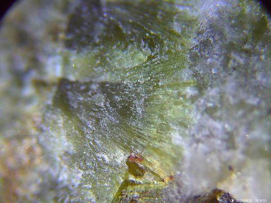 40x photomicrograph of green mineral in radiating needles