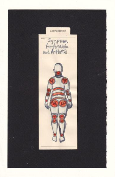 there is a manila bookmark and the figure in the center is a human , with their joints in orange, like a ball-jointed doll or a crash dummy. The details on the joints are red. the components of the body are made out of purple-grey, and the parts of the body are lighter purple-grey. the figure has no face or fatures, just the fibrant orange red joints , of which there are many, more than we think of for an average human, two at each knee, two at each elbow, the shoulders and hips are large, the abdomen has 3 large joints going all the way across to give a range of motion, the neck, ankles, and wrists are also jointed. areas of the body including below the knees and over the neck also have grey lavender lines depicting the components of this doll person. it's hard to see in the scan, but the grey purple has iridescent shimmering particles in it irl, giving a somewhat ephemeral otherworld ly nature to this being. these components have a power to them and a kinetic energy, a life force. and yet by the colors, they burn.