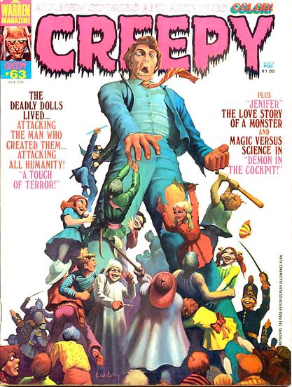 A man in suit, waistcoat and tie is being attacked from below by multiple sinister-looking dolls.
Creepy magazine cover 1974.