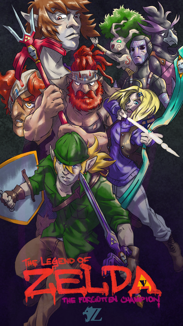 Concept art for a modern-day aesthetic "Legend of Zelda" game.

Link is in the front, with a beanie instead of the long cap, a button down shirt instead of the tunic, jeans, boots, and bearing the Master Sword and Hylian Shield.

Zelda is behind him, leaping in the air and drawing back an energy arrow with her Bow of Light. She wears a turtleneck beneath a vest, as well as pants tucked into boots.

Ganondorf is next with an intense stare beneath a headband with a scroll pattern, hair in locs tied back, and a thick beard. He grasps his infamous Trident strongly, wearing a tattered shirt and shorts.

Next to him is the face of a Gerudo woman with a similar band across her right eye. Above him is the face of a mysterious character with hair similar to classic Link.

Behind Zelda are some minor characters, including a fish-man Zora in a wetsuit, a bird-man Rito looking super smug, and a wood sprite Korok singing enthusiastically.