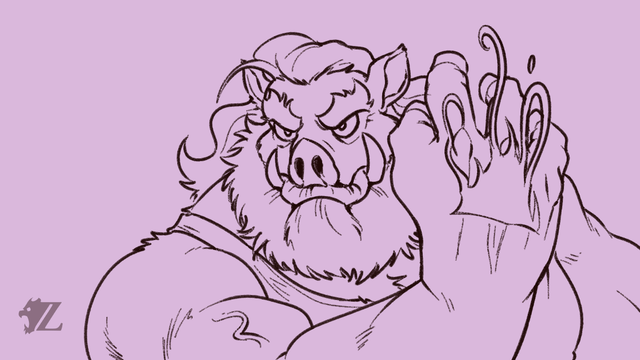 A sketch of an anthropomorphic boar with an intense glare off screen. He holds up his right hand, fingers tensing as a triangle burns on the back of his hand, a reference to Ganondorf having the Triforce of Power in "The Legend of Zelda" franchise.