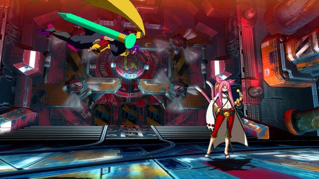A pastel themed Bang Shishigami floating in to face an indifferent Kokonoe on a factory level.