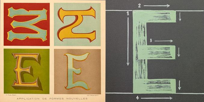 Two square images side by side. On the left is a page from an antique French sign painter's portfolio showing different hand-painted embellishments on four different letters. On the right is a letter E in green on black with mark-up lines and directional arrows used to show the brushstrokes that the letter is formed from.
