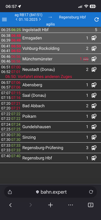 Bahnverbindung von Ingolstadt nach Regensburg.
Im ersten Abschnitt nach Ensgarden sind plötzlich 10 Minuten Verspätung zu sehen.