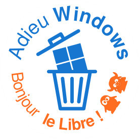 Une poubelle avec le logo de Windows dedans. Autour, les mots "Adieu Windows, Bonjour le Libre !" suivis d'un pingouin (le Tux de Linux) et un gnou (de GNU).
