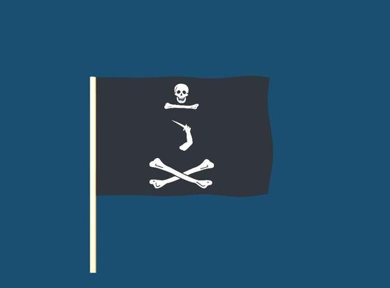 A randomly generated pirate flag. Elements of the flag may include skeletons, skulls, pirates, crossed bones, hourglasses, hearts, and swords.