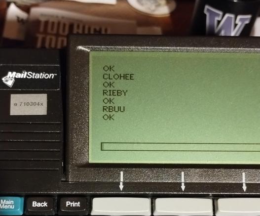 Mailstation displaying:
OK
CLOHEE
OK
RIEBY
OK
RBUU
OK