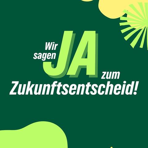 Das Bild zeigt eine grafische Darstellung mit einem dunkelgrünen Hintergrund. Im Zentrum steht in großen, hellgrünen Buchstaben das Wort "JA". Links davon steht in kleineren, weißen Buchstaben "Wir sagen". Rechts davon steht in ähnlicher Schriftgröße "zum Zukunftsentscheid!". Der Hintergrund ist mit abstrakten, grünen und gelben Formen verziert, die eine dynamische und positive Atmosphäre vermitteln. Die Farben und die klare, positive Botschaft suggerieren eine Kampagne oder eine Initiative, die sich für eine bestimmte Zukunftsetzung einsetzt.
Bereitgestellt von @altbot, privat und lokal generiert mit Ovis2-8B
🌱 Energieverbrauch: 0.161 Wh
