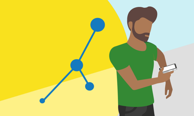 man kijkt op z'n telefoon, illustratie laat zien dat hij verbonden is met een netwerk